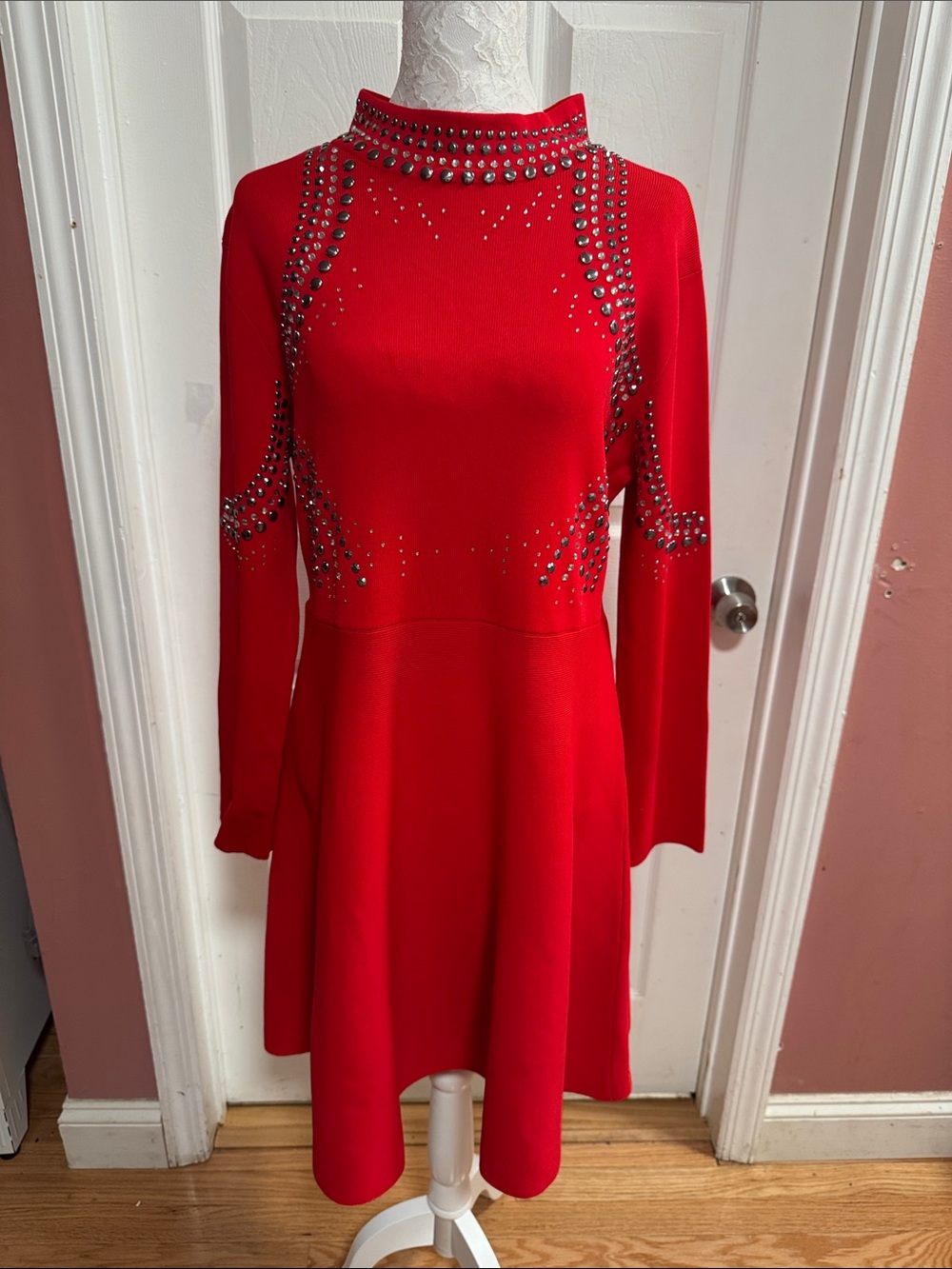 Karen Millen Red Long-Sleeve Studded Fit & Flare Dress
